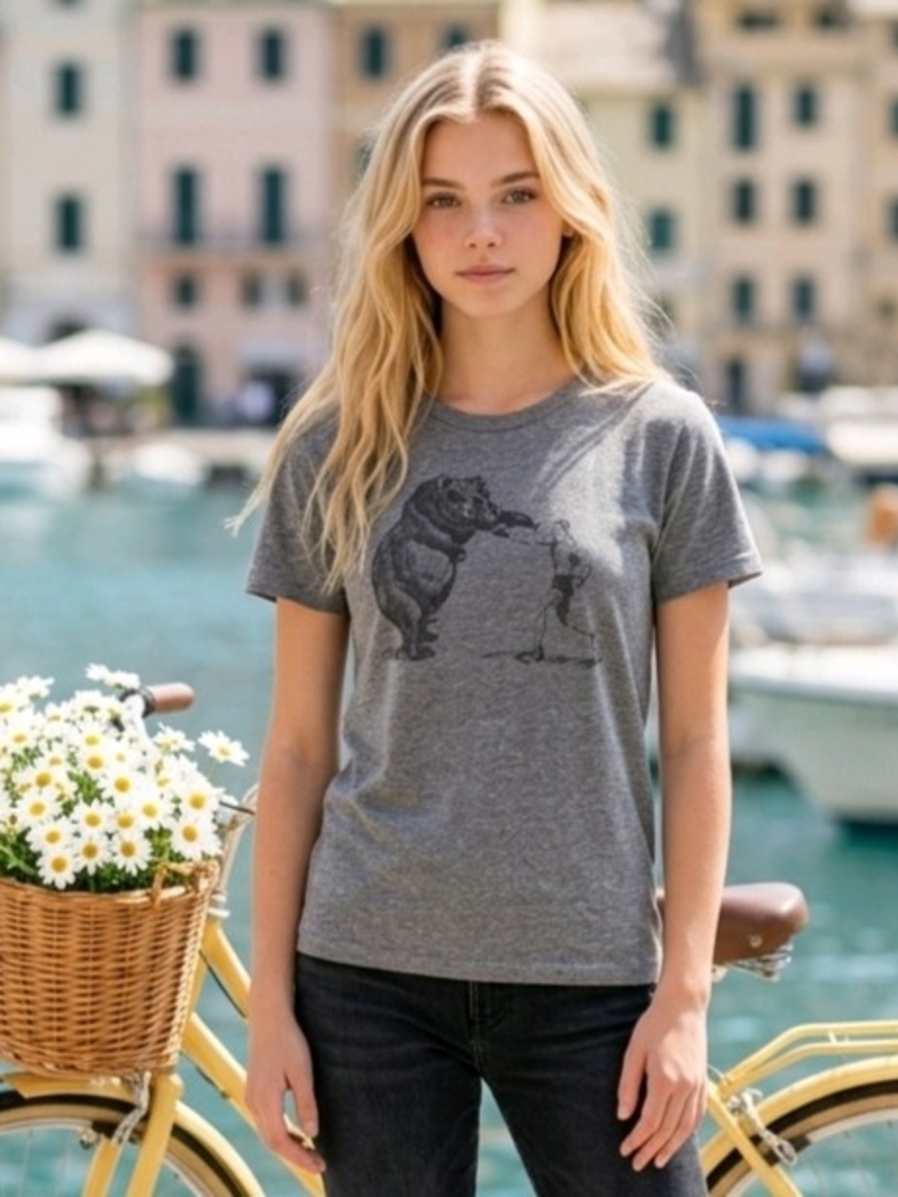 Fossil Heather Grey Graphic Tee Vintage-style Sketch of a Man Boxing a Bear S